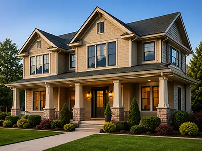 Two-story home with a dark shingle roof and covered front porch